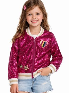 Girls Pink Sequin Bomber Jacket Size 6/6X Colorful Planet